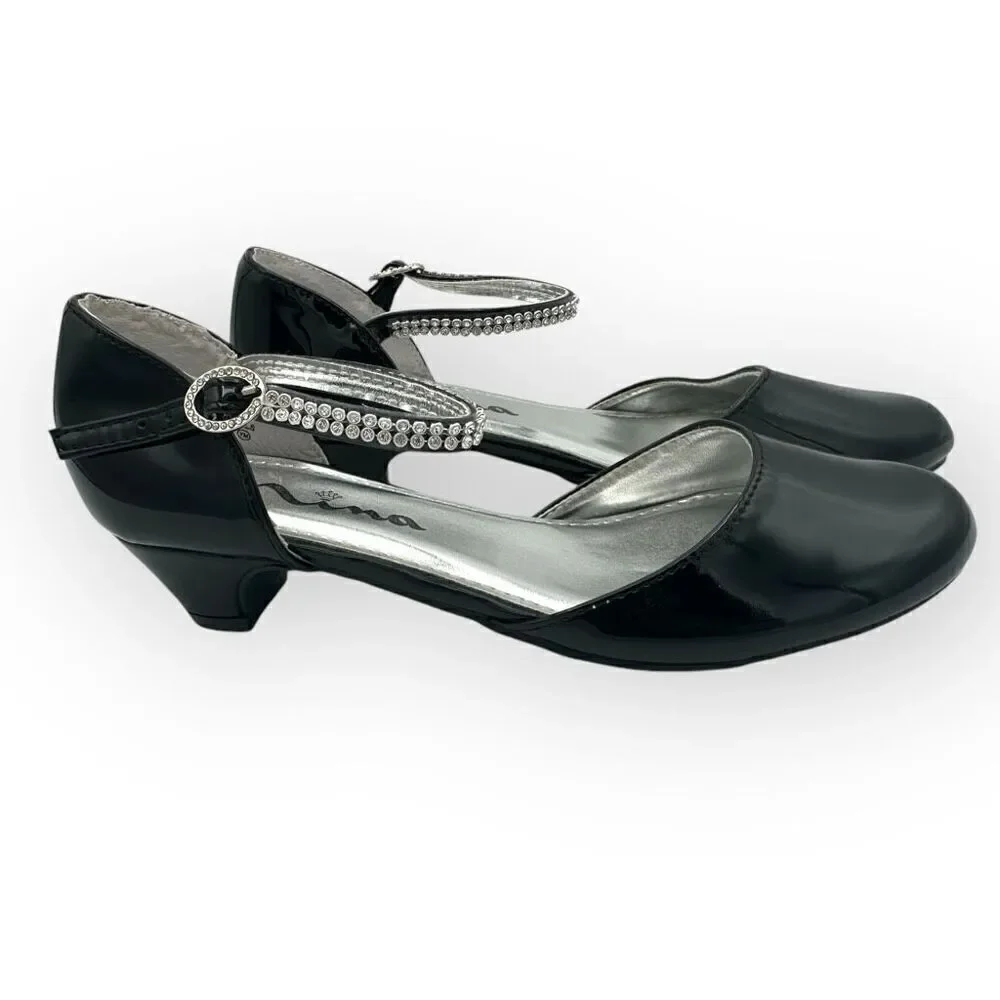 Nina Girls Cera Patent Leather Rhinestone Strap D'Orsay Heels Shoes Black Sz 3M